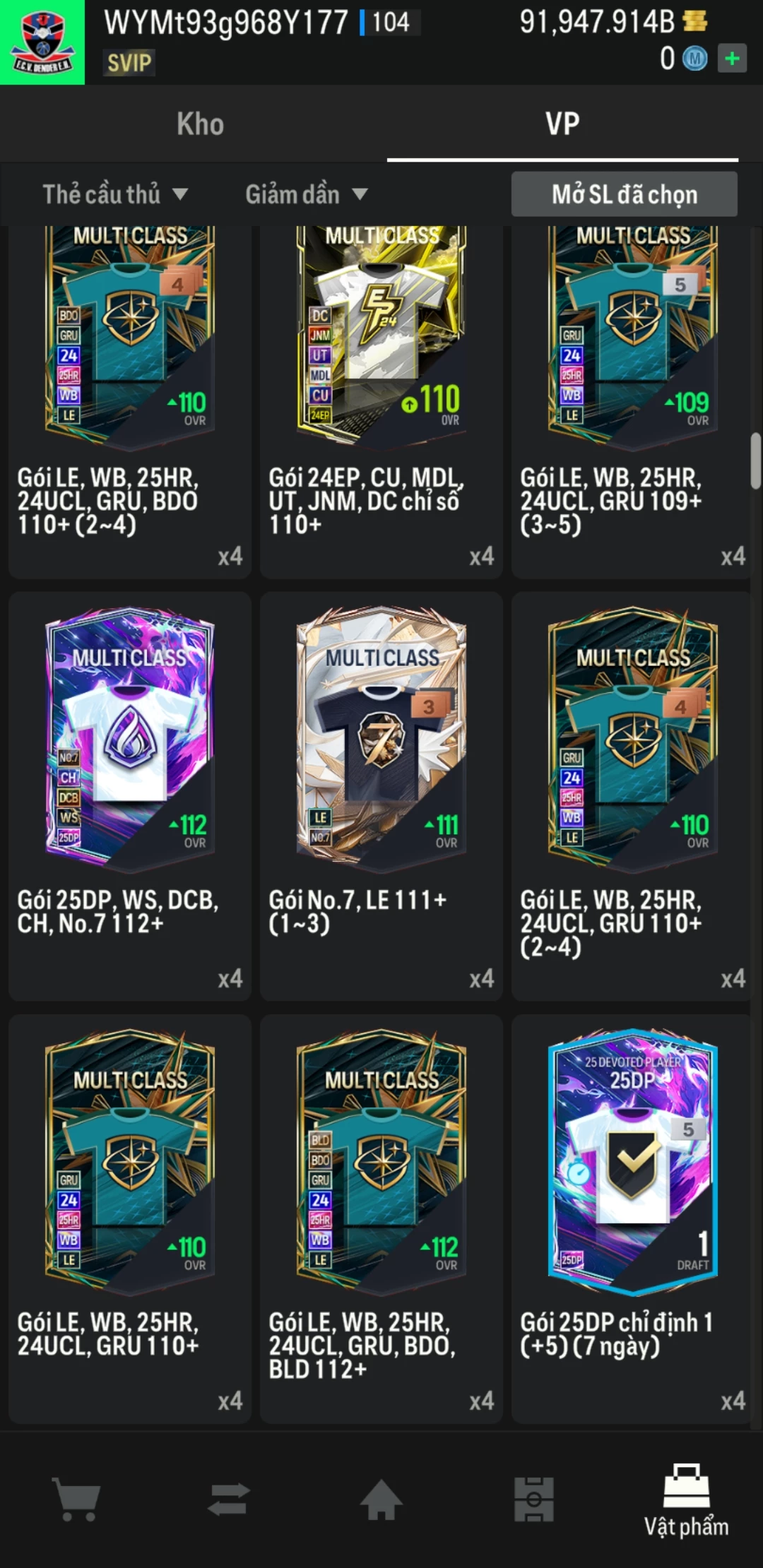 Ảnh ACC mở thẻ (LOẠI SUPER VIP) bao gồm có hơn 900+ đến 1100+ thẻ cầu thủ từ Siêu sao đến Miền núi các loại (ngẫu nhiên có: 01 thẻ +12 và 03 thẻ PRIME QH, XS, CP...) Acc có sẵn BP trắng từ 80.000 tỷ BP đến 120.000 tỷ BP kèm theo nhiều ngày SVIP